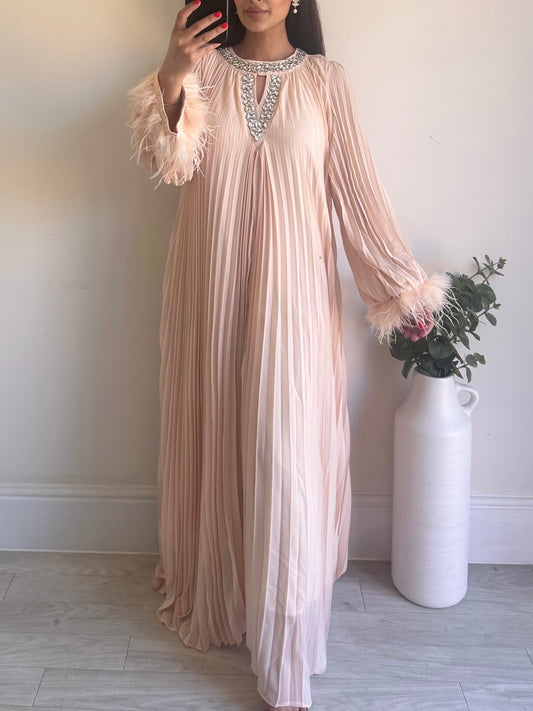 Peach Fur Premium Diamanté Pleated Chiffon Dress