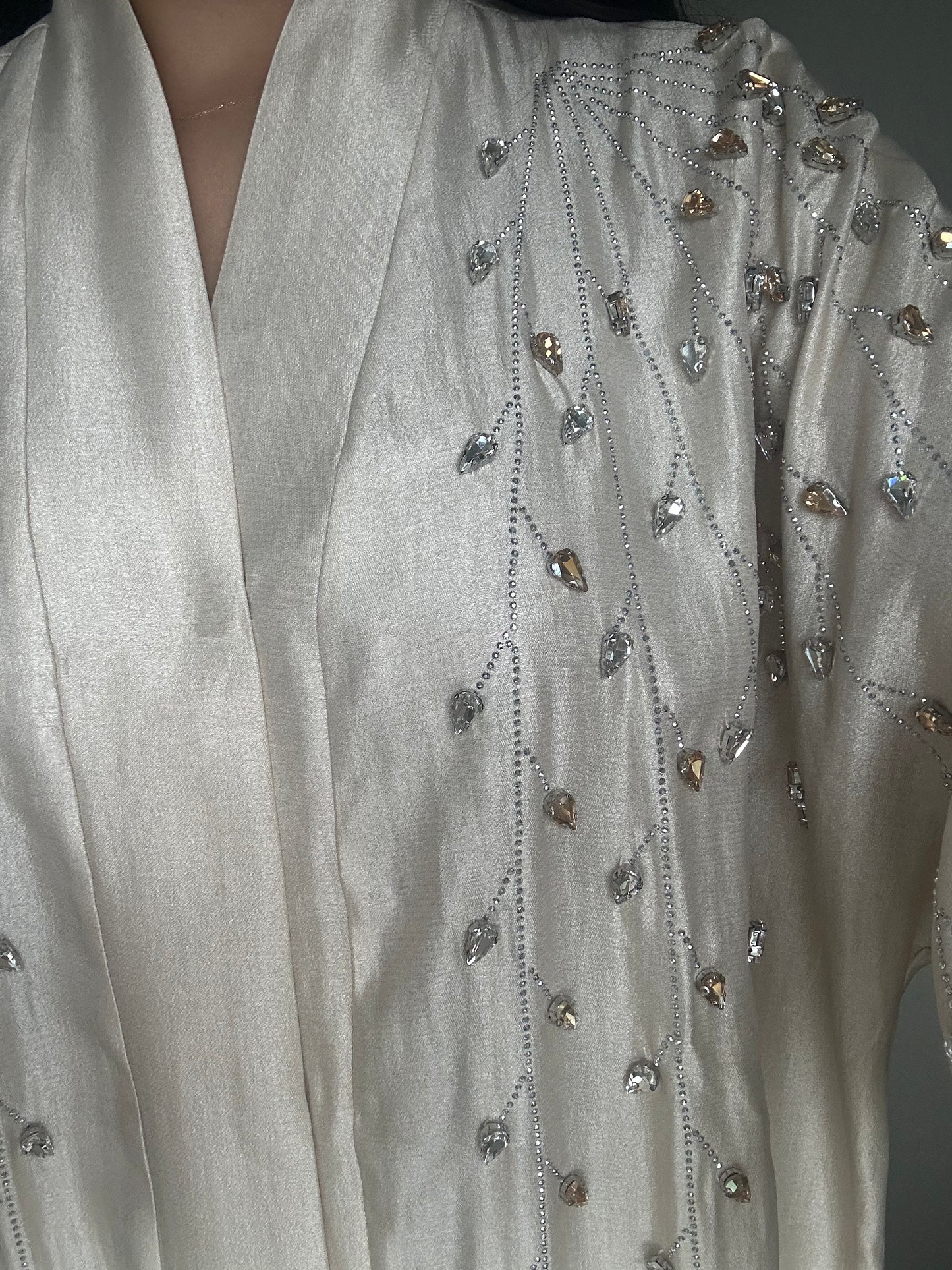 Ivory Rhinestone Buttoned Kaftan Kimono Abaya