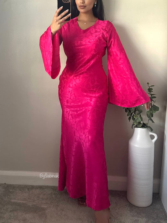 Hot Pink Floral Satin Flared Sleeve Dress