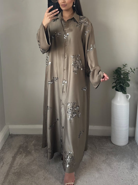 Taupe Buttoned Satin Floral Sequin Kaftan Abaya