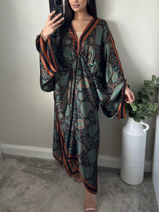 Brown Paisley Print Satin Kaftan