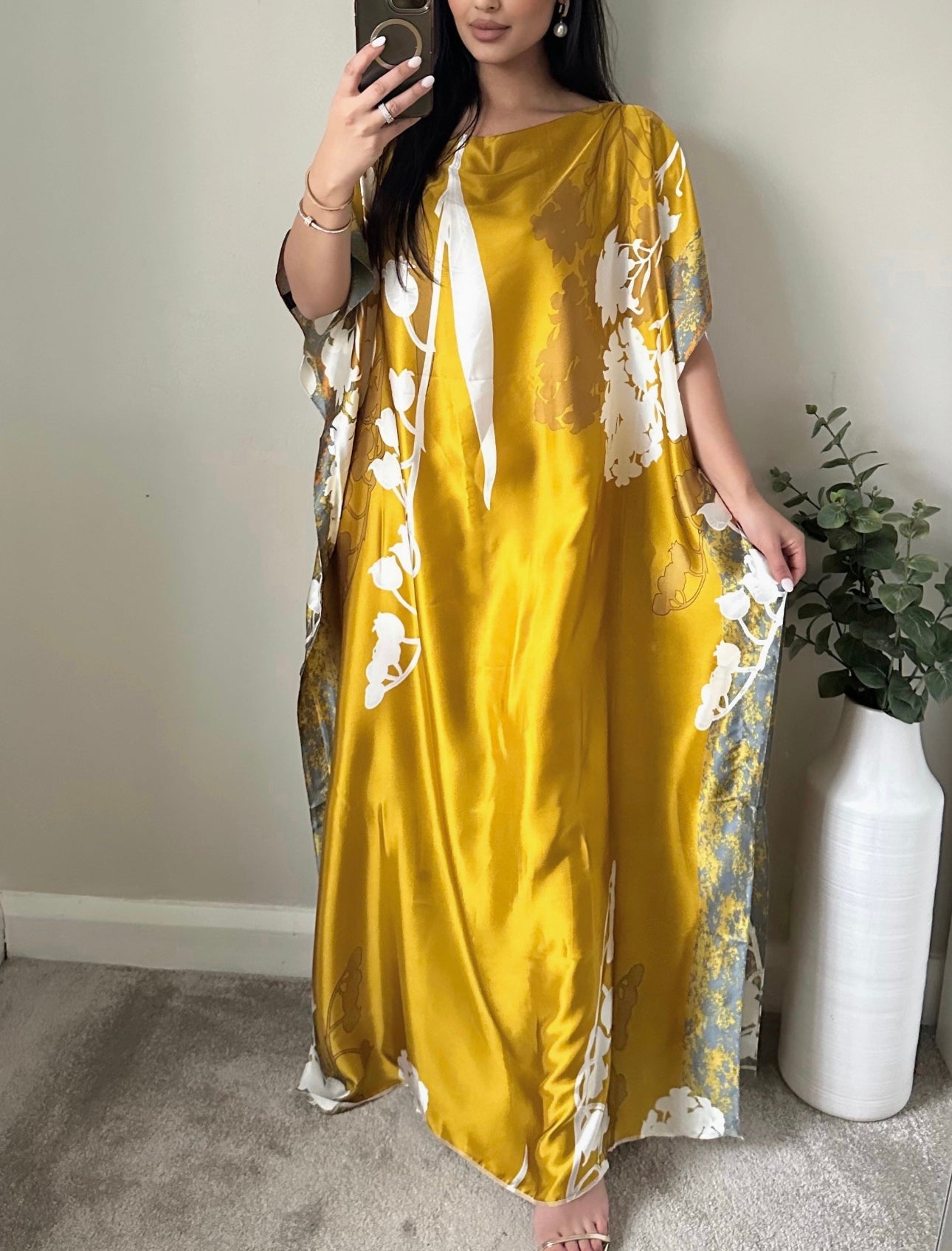 Yellow Satin Printed Kaftan