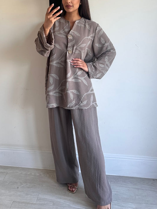 Taupe Floral Linen Gold Button Co-ord Set