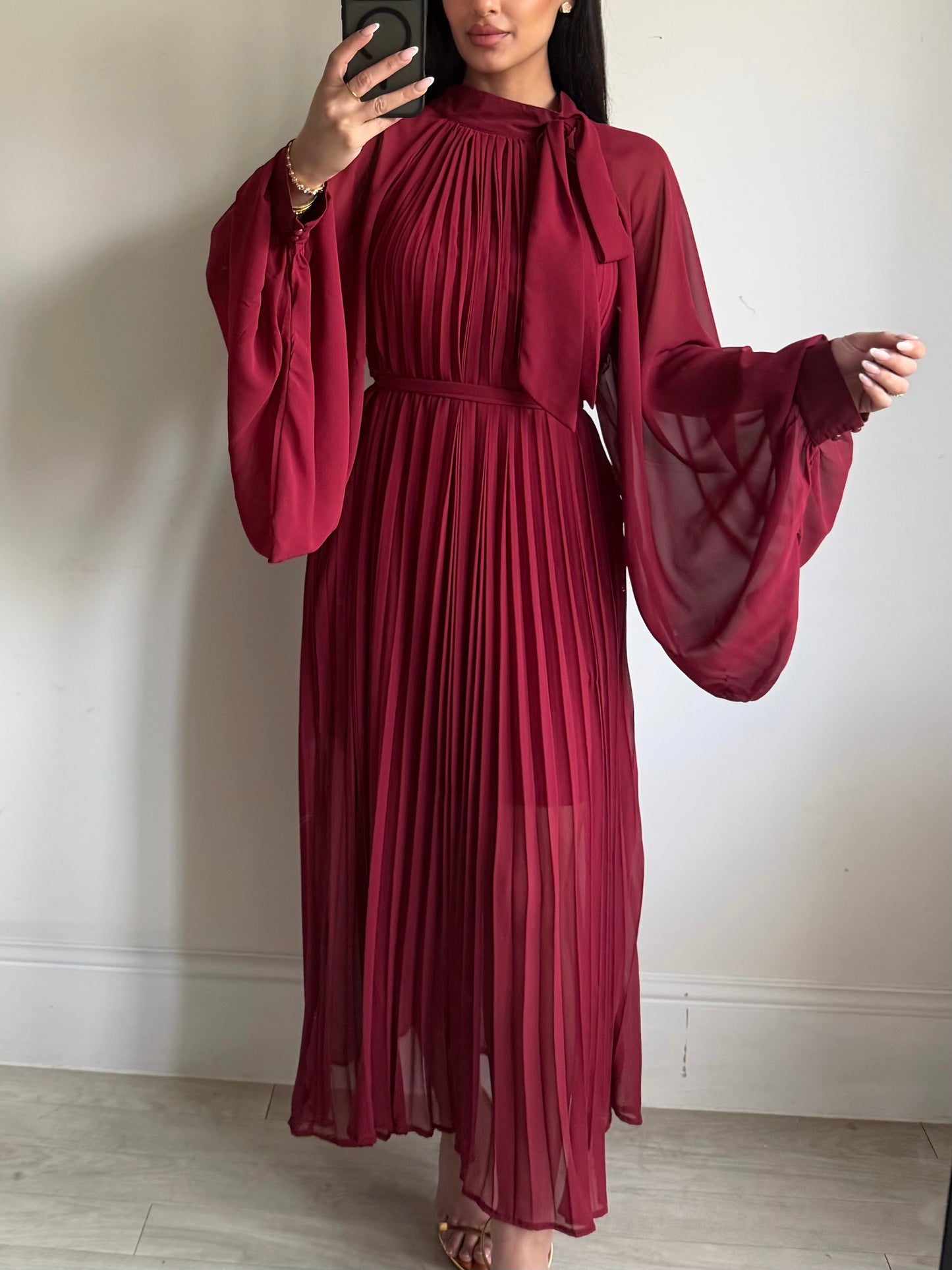 Burgundy Red Chiffon Pleated Dress