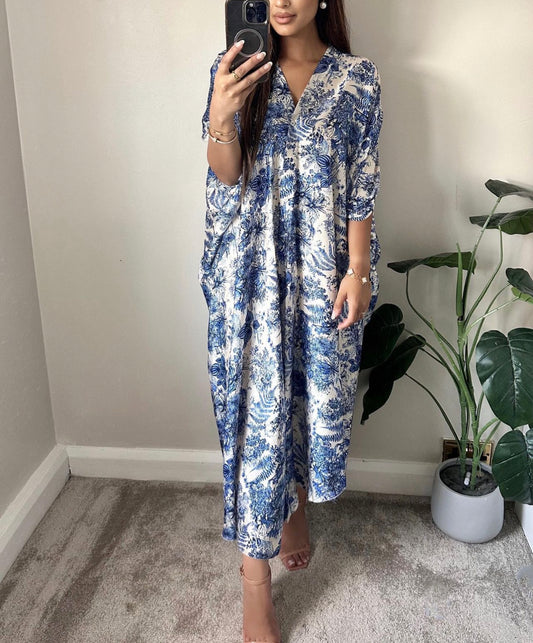 Blue Delicate Floral Satin Kaftan