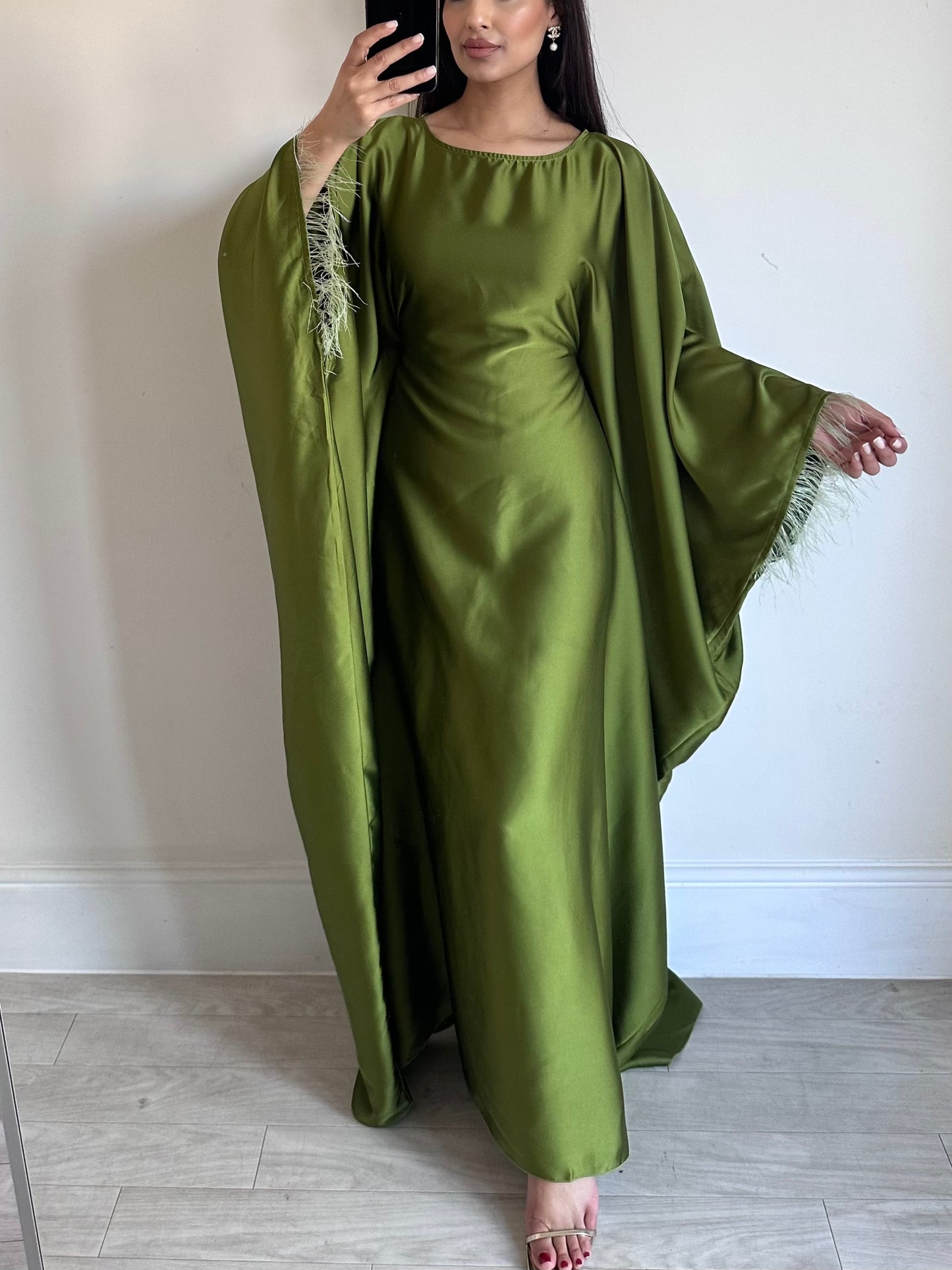 Lime Green Feather Satin Butterfly Kaftan 802