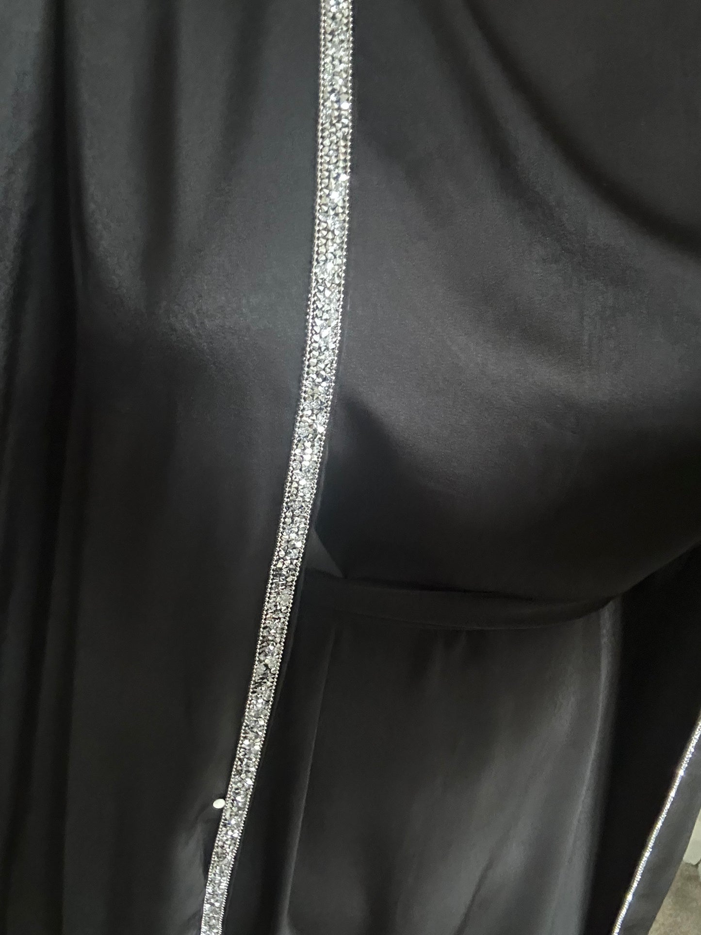 Black Silver Satin Crystal Trim Abaya Set