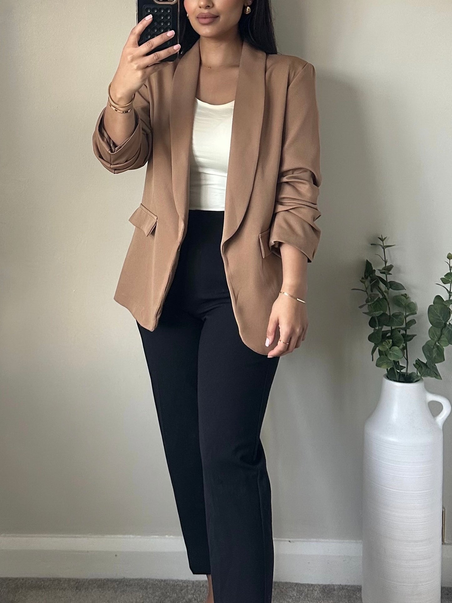 Camel Ruched Sleeve Blazer