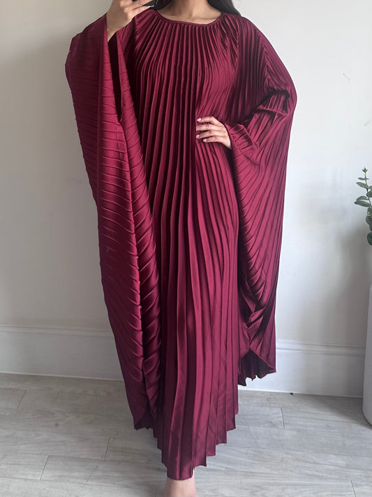 Wine Red Pleated Satin Kaftan Dress