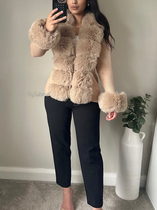 Beige Premium Fur Knit Cardigan