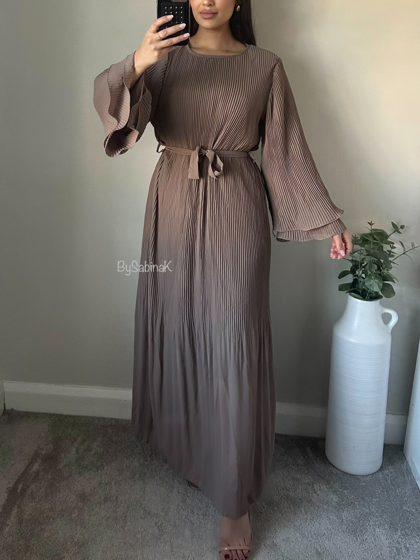 Taupe Chiffon Pleated Dress