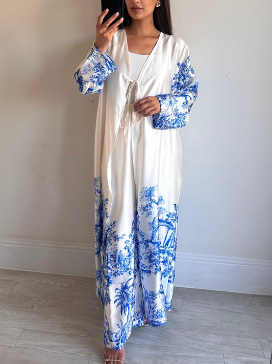 Blue Printed Satin Kimono Co-ord