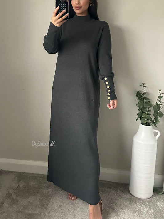 Dark Grey Thick Jumper Gold Button Sleeve Maxi Dress