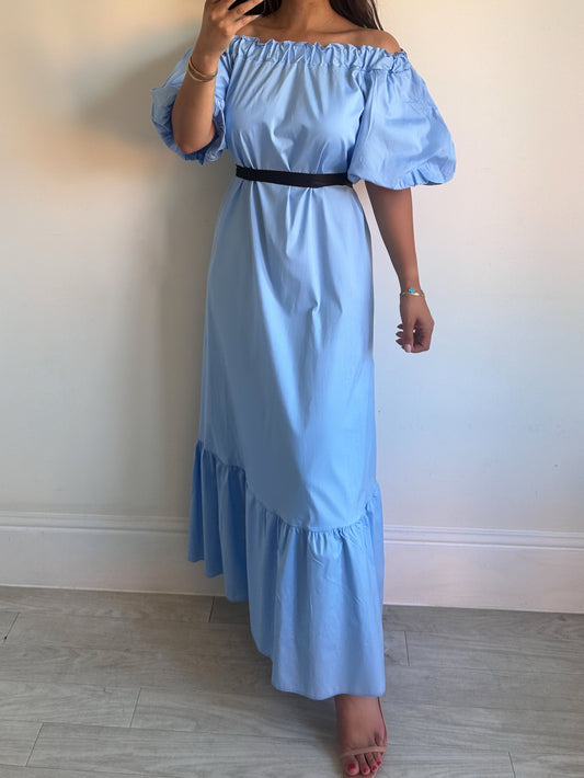Blue Cotton Off Shoulder Maxi Dress