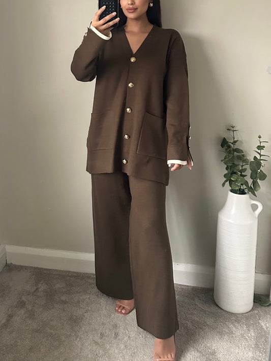 Khaki Green Gold Button Longline Cardigan Co-ord