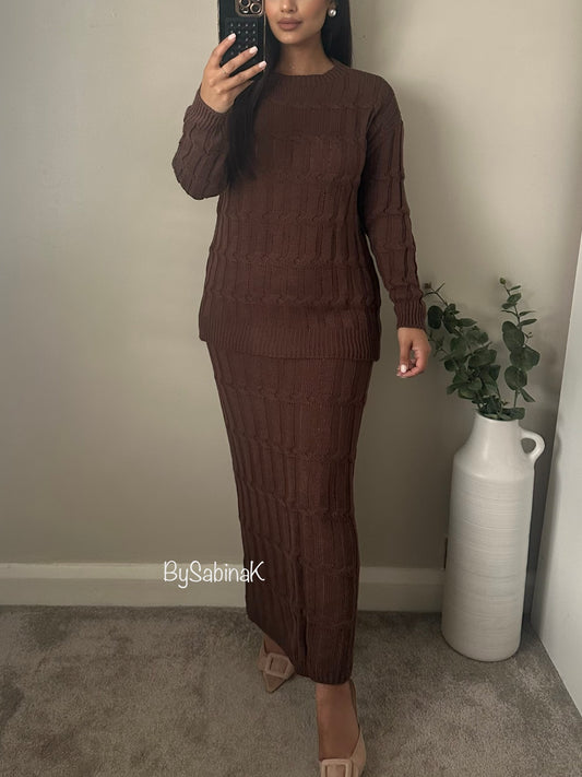 Brown Chunky Knitted Co-ord Skirt Set