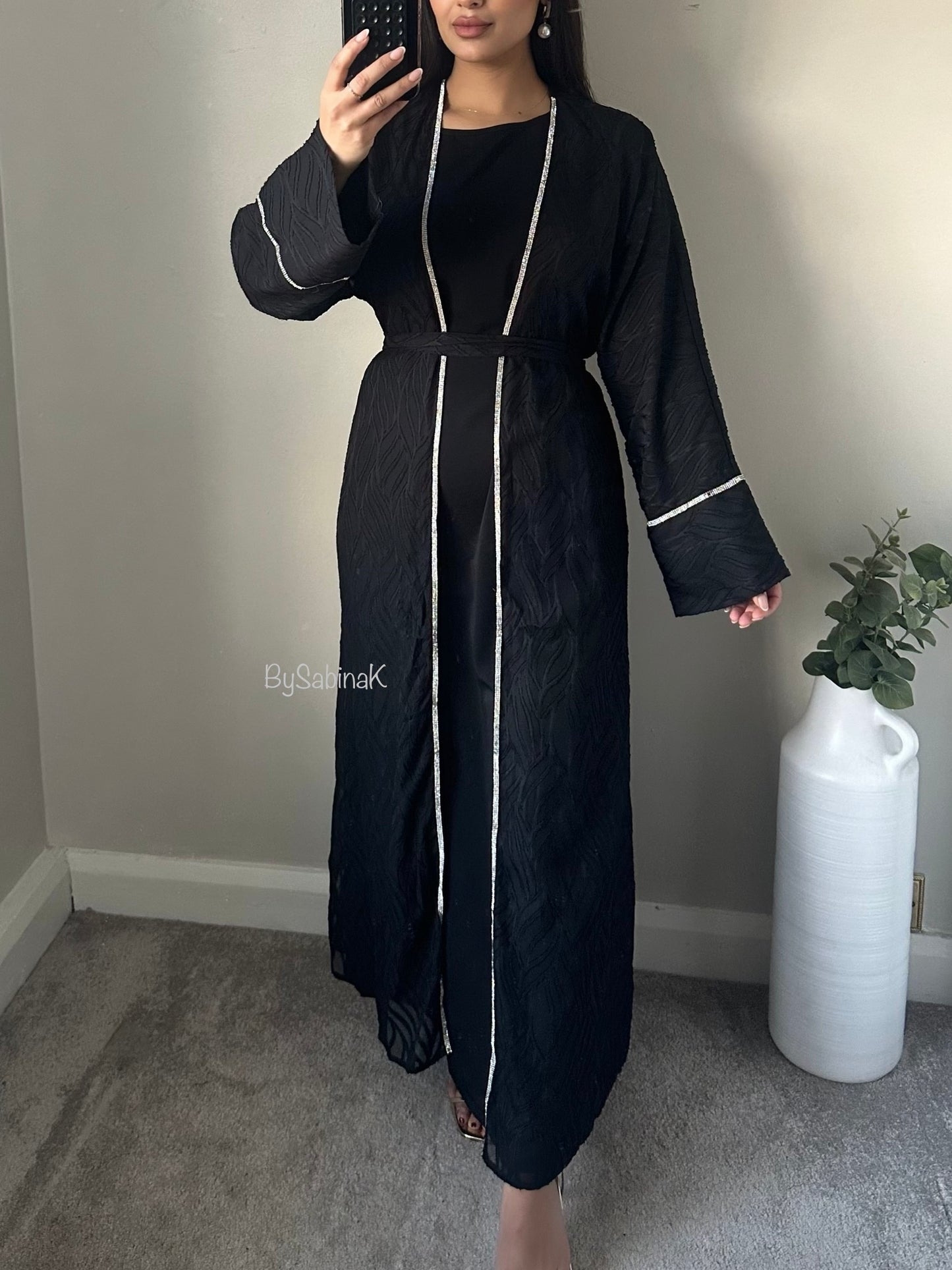 Black Chiffon Belted Printed Abaya Set