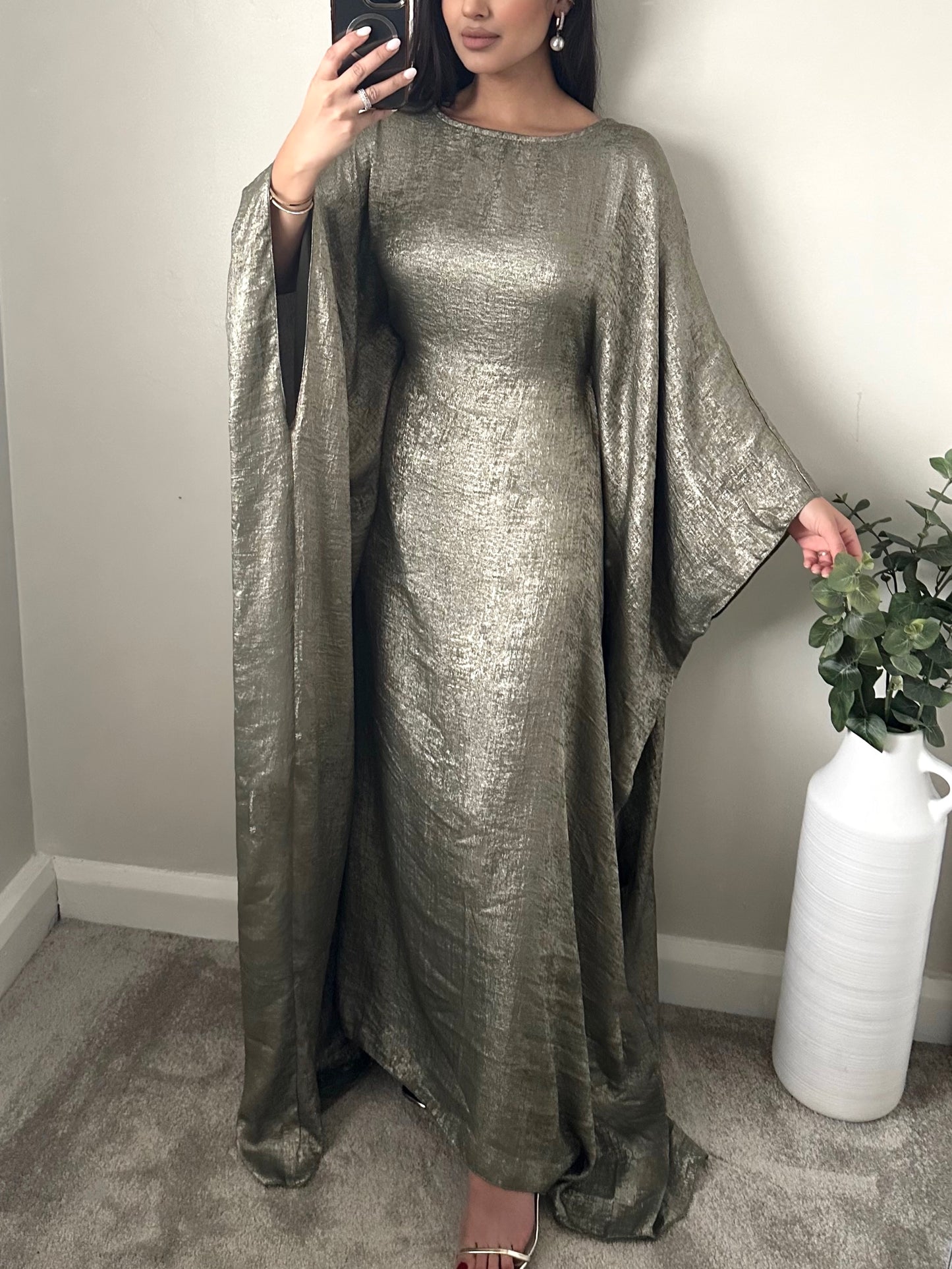 Khaki Green Shimmer kaftan Dress 081