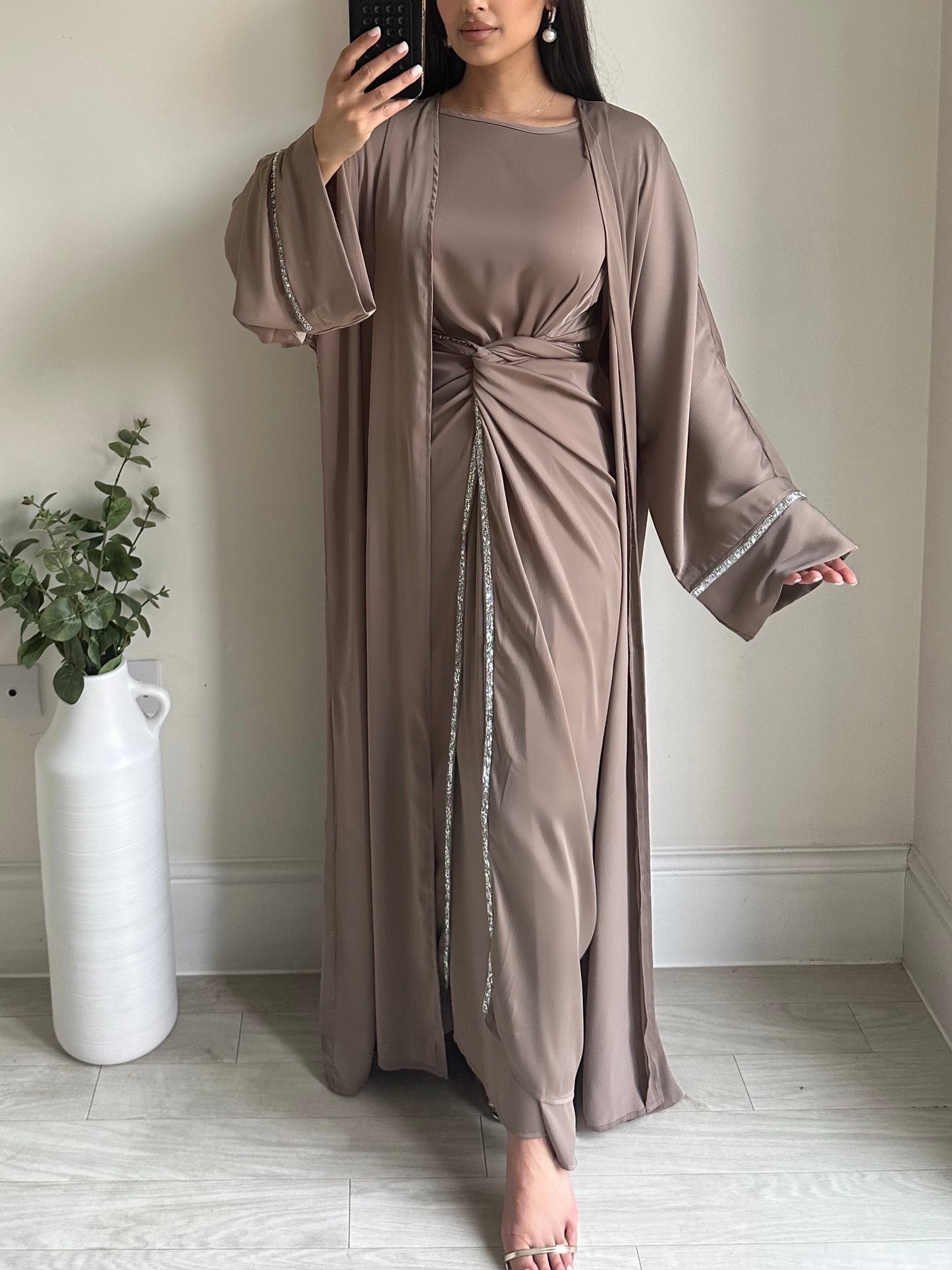 Mocha Satin Wrap Dress Kimono Set