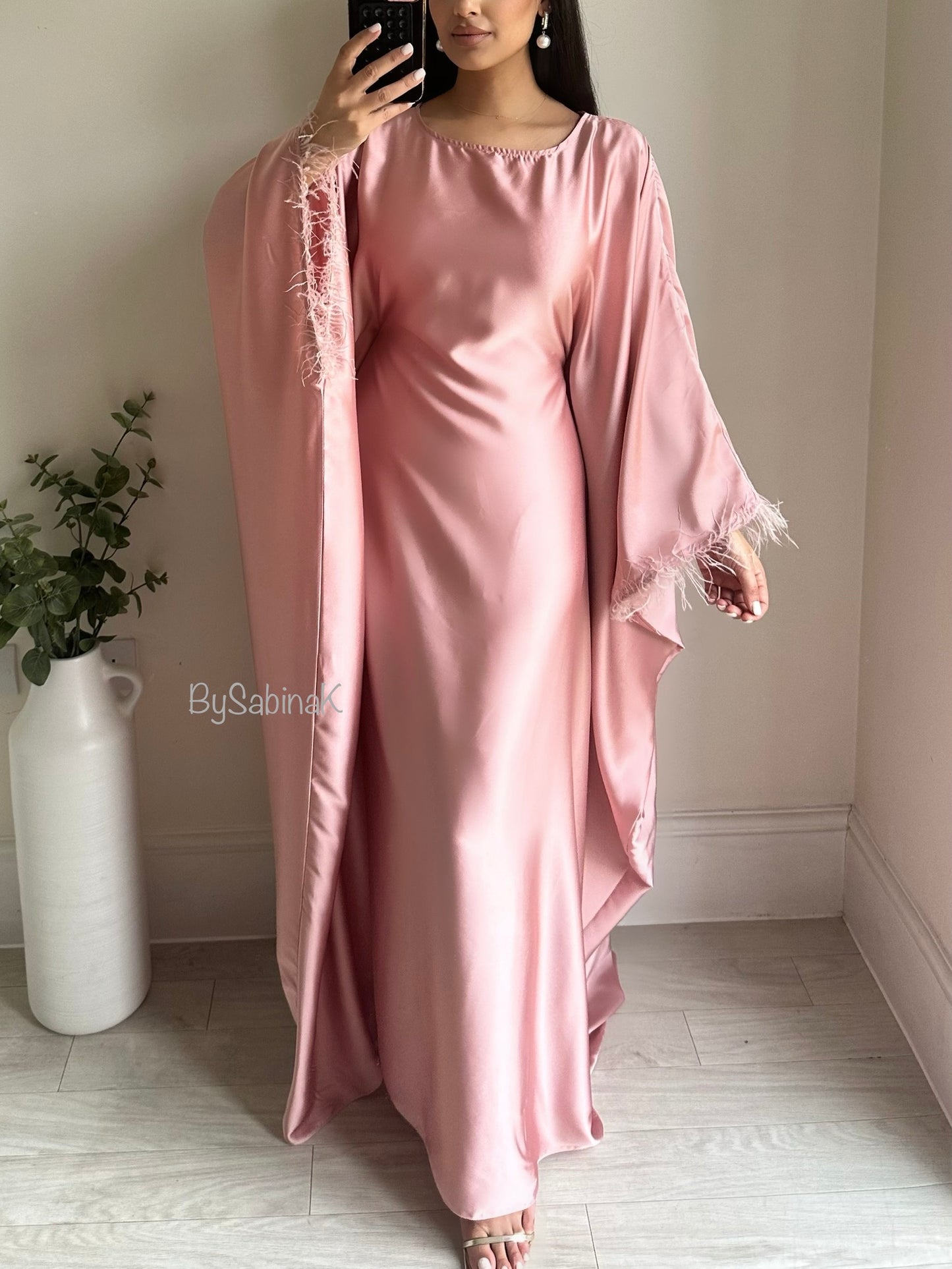 Pink Feather Satin Butterfly Kaftan 802