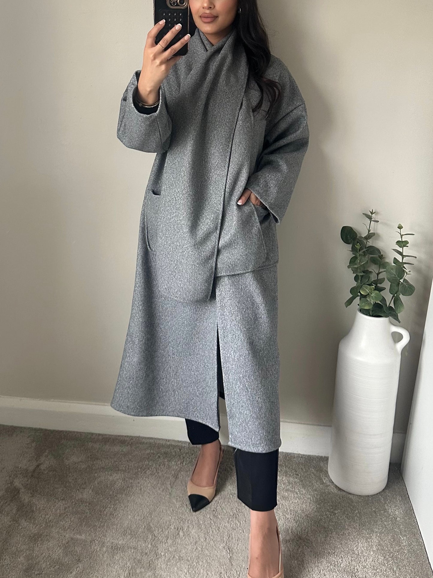 Grey Buttoned Scarf Coat Jacket