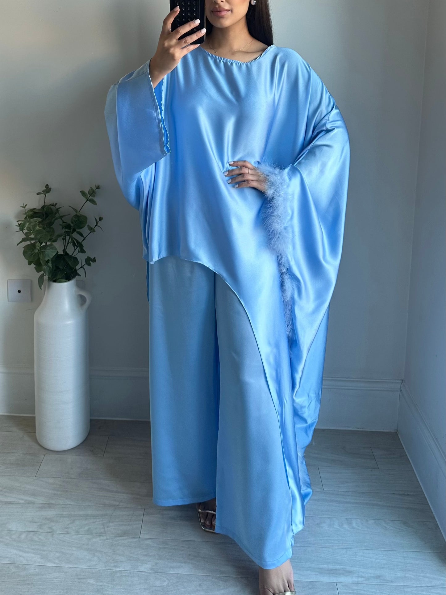 Blue Feather Trimmed Trousers Co-ord