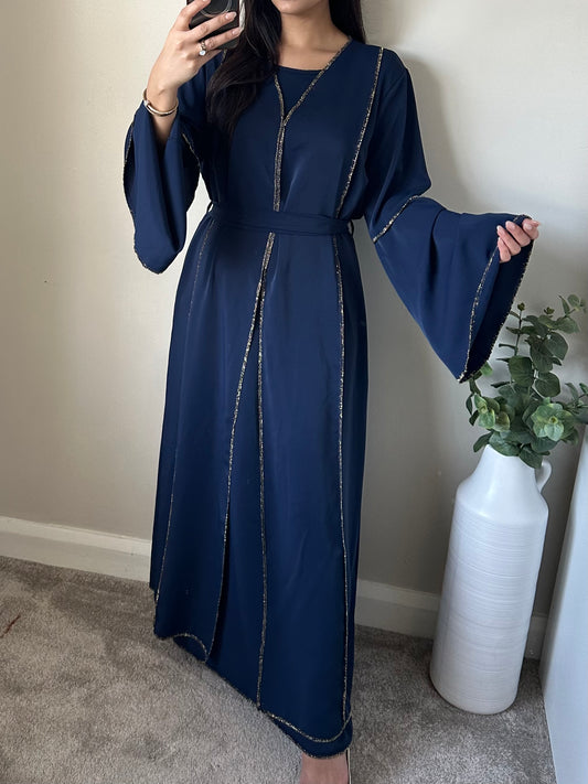 Navy Abaya Set With Gold Trim 014