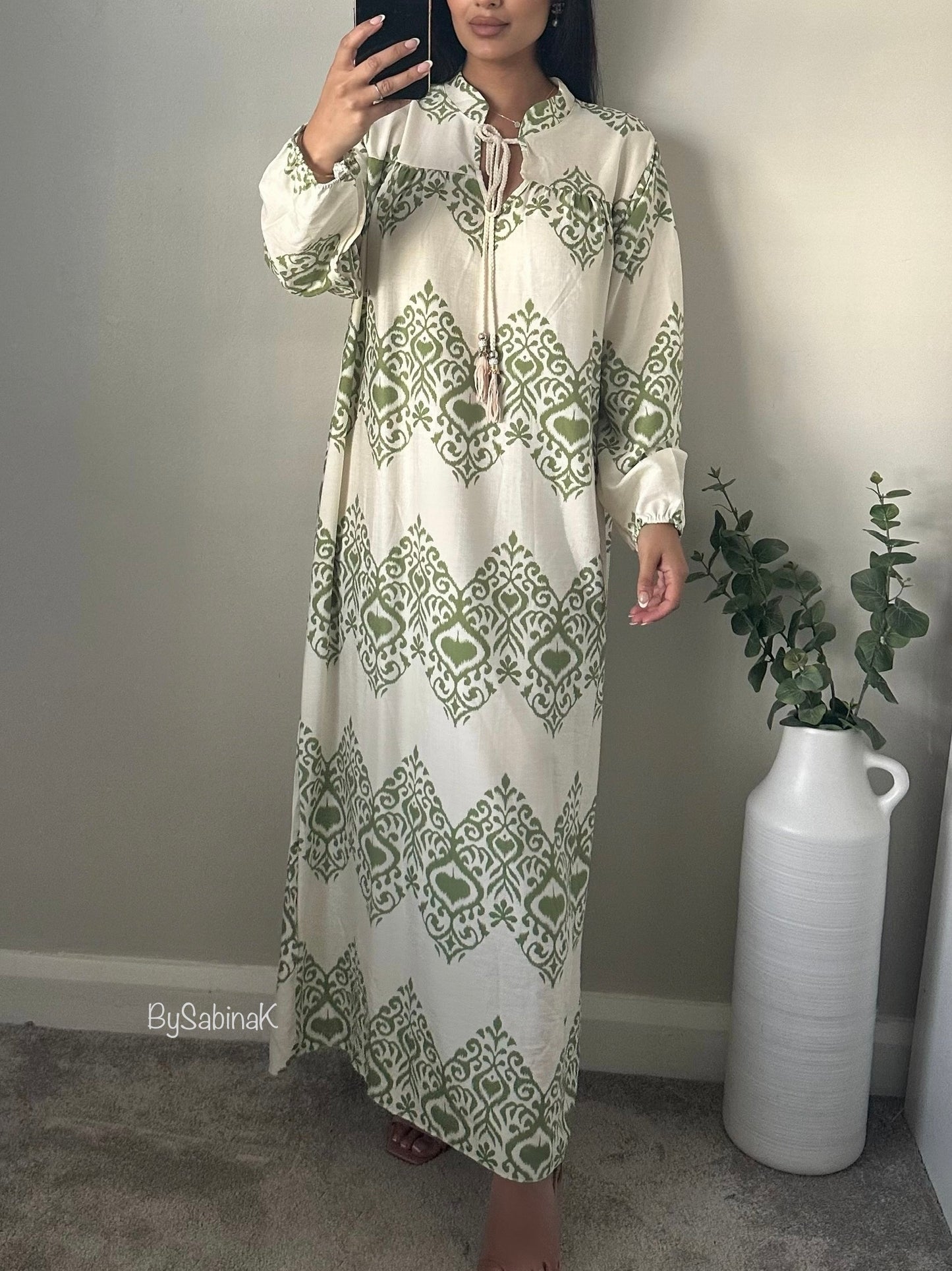 Green Linen Print Tassel Maxi Dress