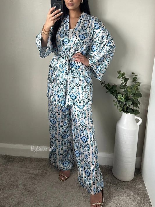 Blue White Satin Printed Co-ord Set