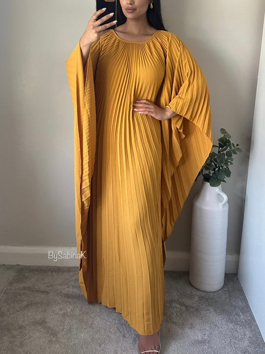 Yellow Mustard Pleated Cape Dress