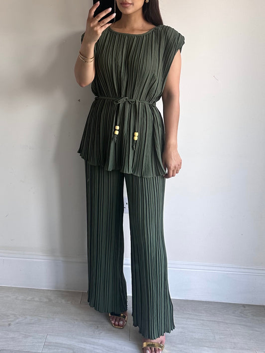 Khaki Green Pleated Short Sleeve Set Co-ord