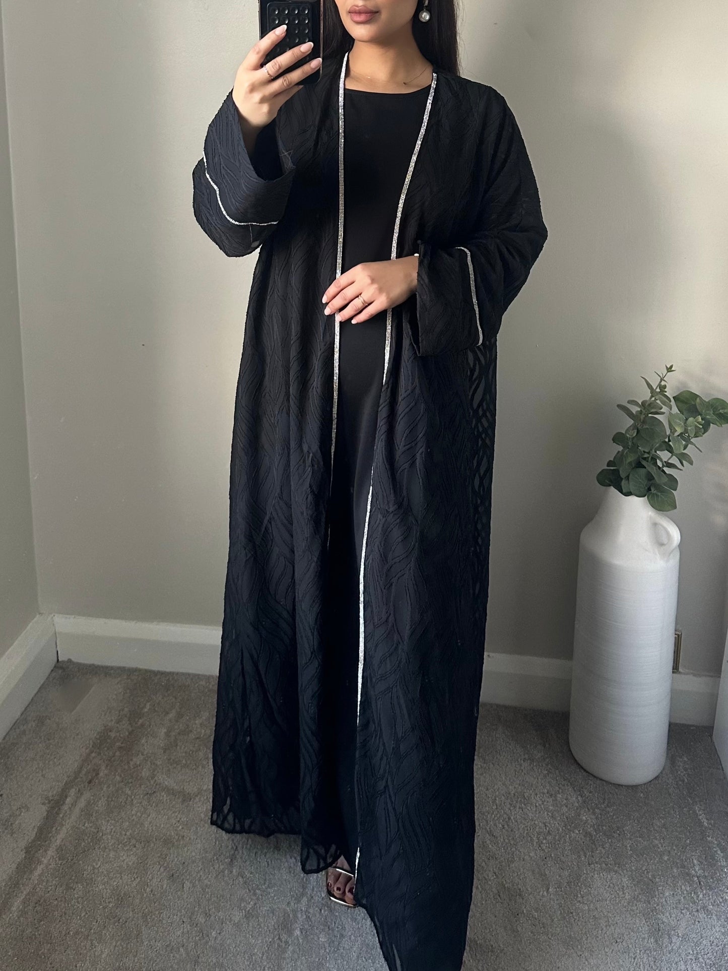 Black Chiffon Belted Printed Abaya Set