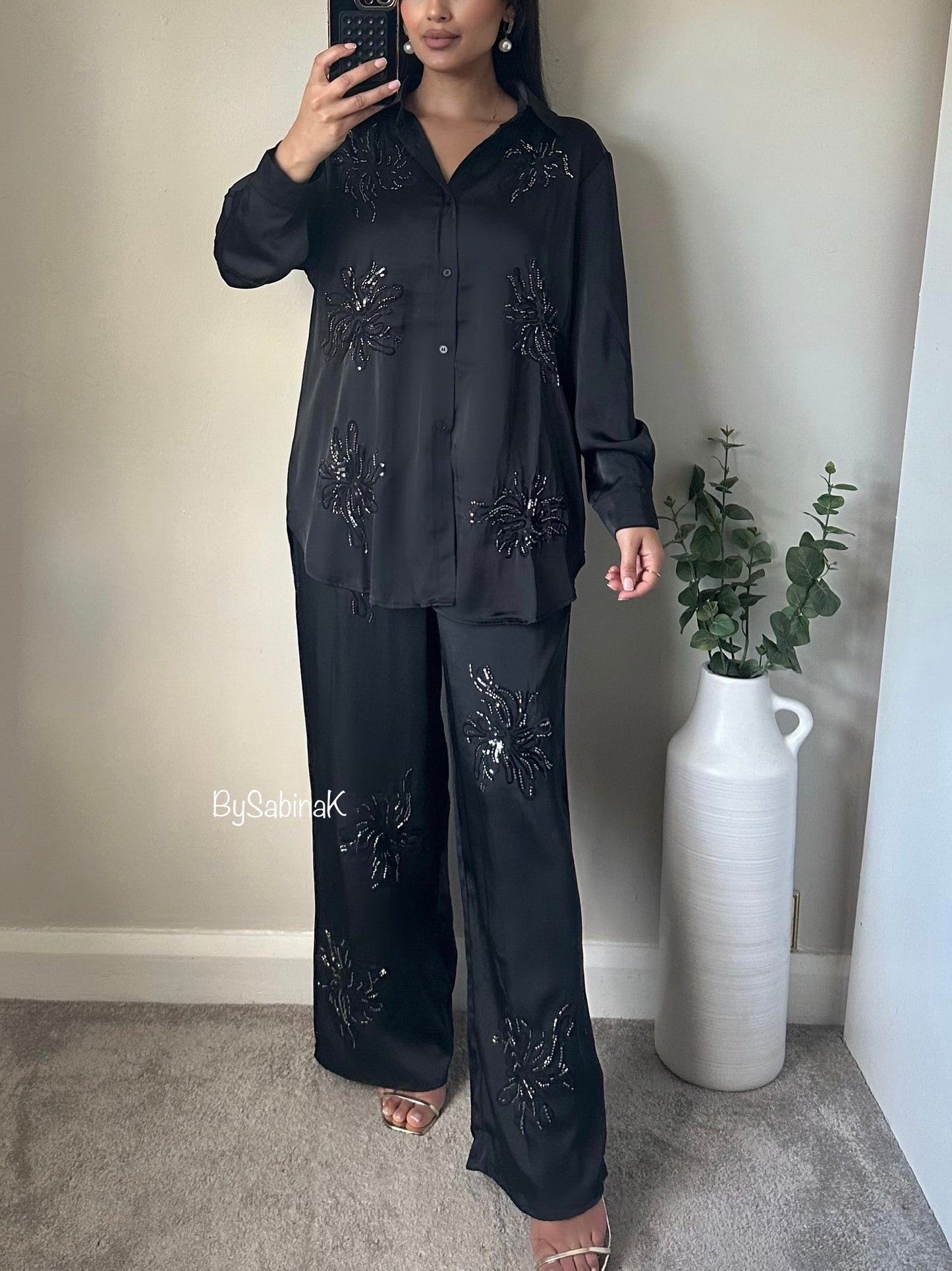 Black Sequin Embellished Satin Co-ord (Premium Quality)