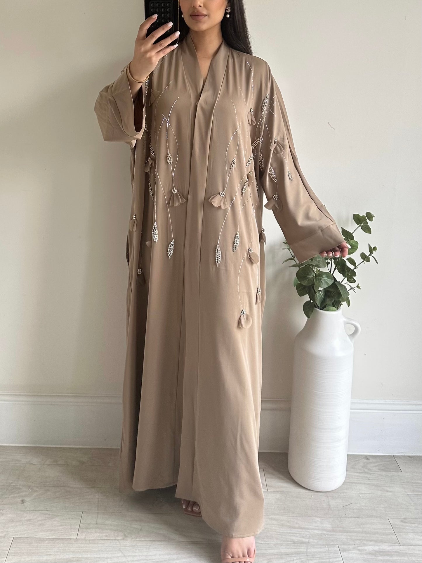 Mocha Flower Drop Embellished Buttoned Abaya