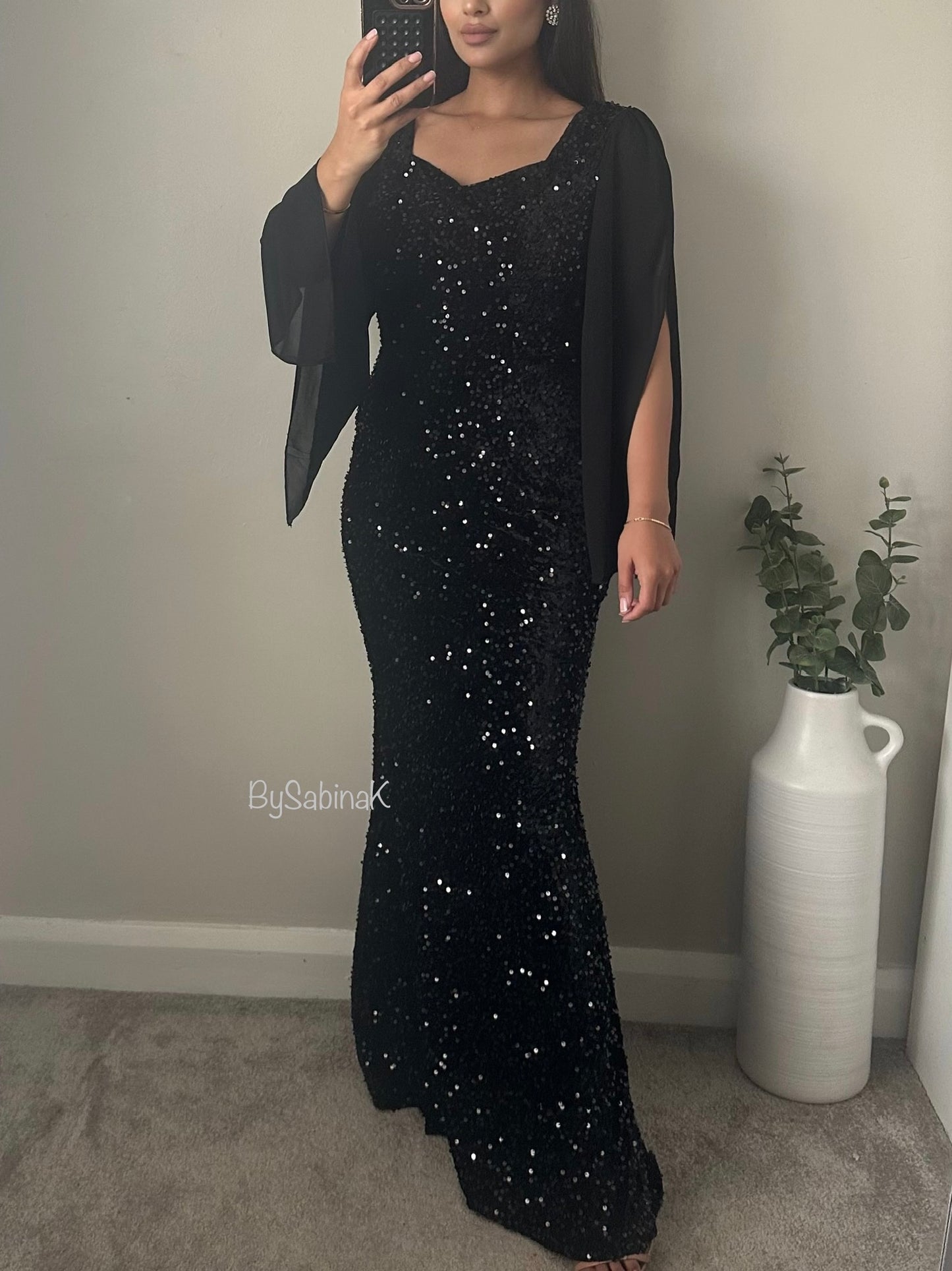 Black Sequin Fishtail Chiffon Sleeve Dress