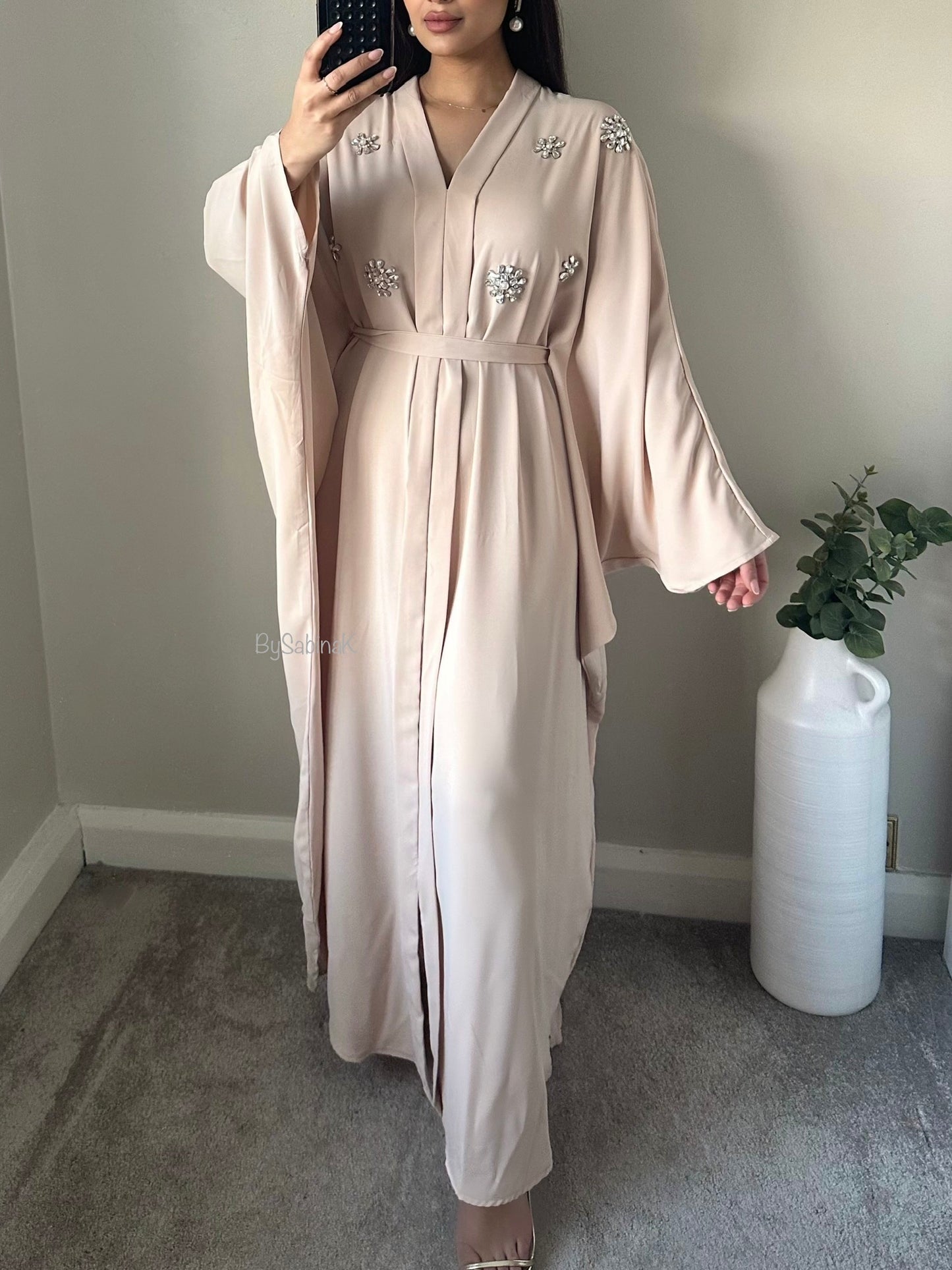 Beige Embellished Rhinestone Belted Kaftan Abaya