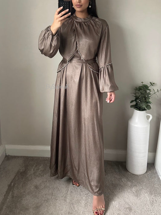 Taupe Chiffon Silk Rhinestone Beaded Belted Dress