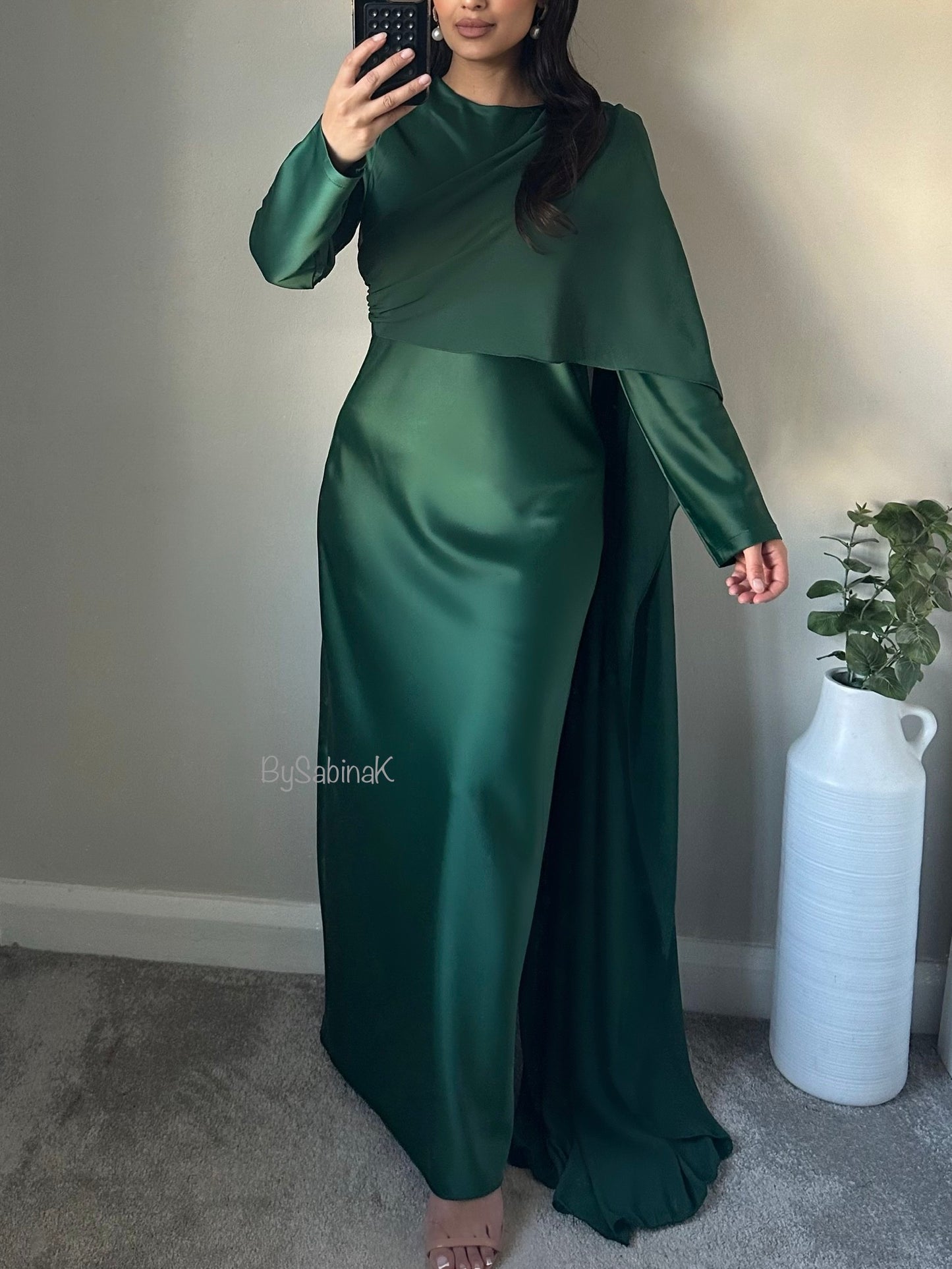 Green Satin One Shoulder Chiffon Scarf Maxi Dress