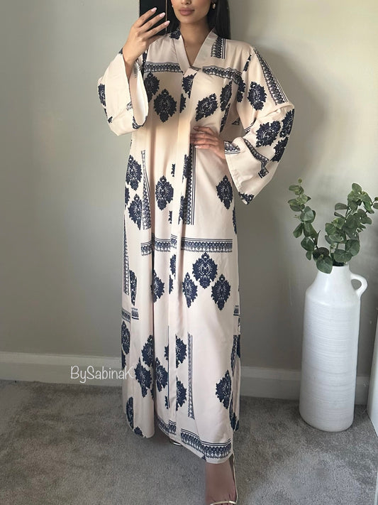 Navy Blue Ivory Pattern Kaftan Abaya