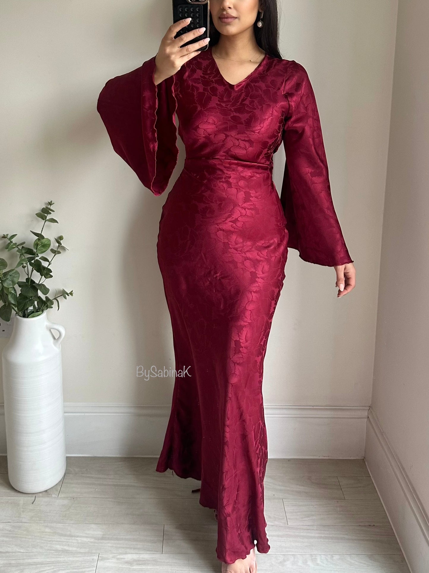 Wine Red Floral Satin Flared Sleeve Dress