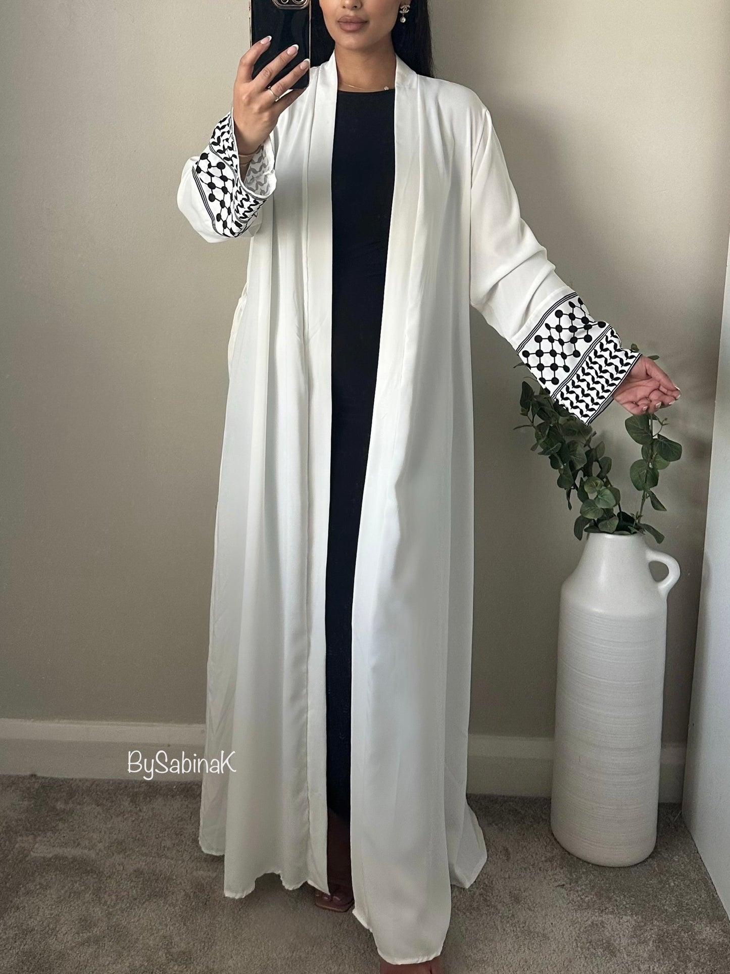 White Keffiyah Inspired Open Abaya