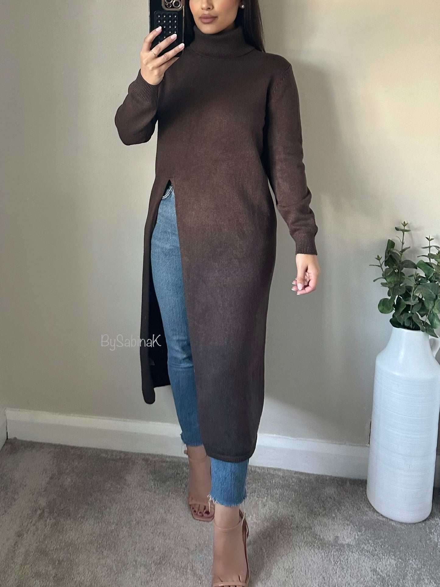 Brown Split Long Jumper Dress