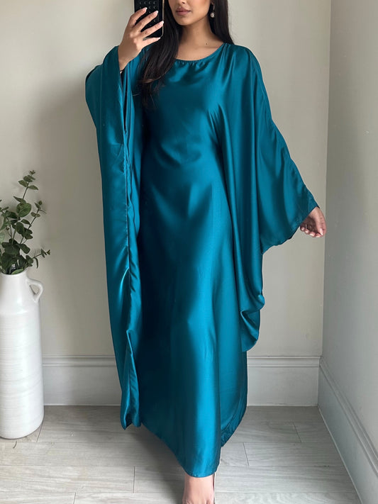 Teal Blue Butterfly Satin Kaftan Abaya