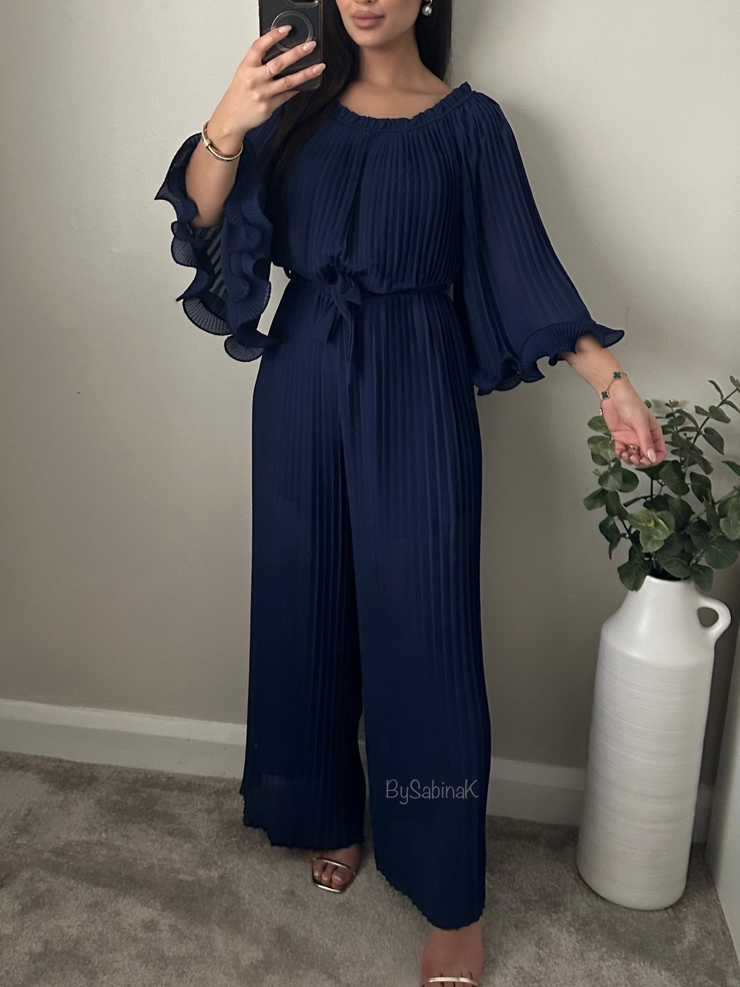 Navy Blue Pleated Chiffon Jumpsuit