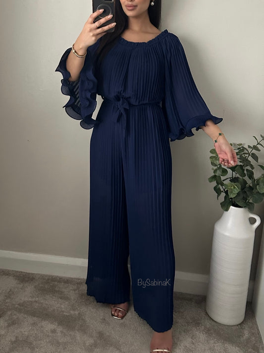 Navy Blue Pleated Chiffon Jumpsuit
