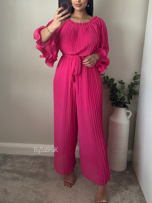 Hot Pink Pleated Chiffon Jumpsuit