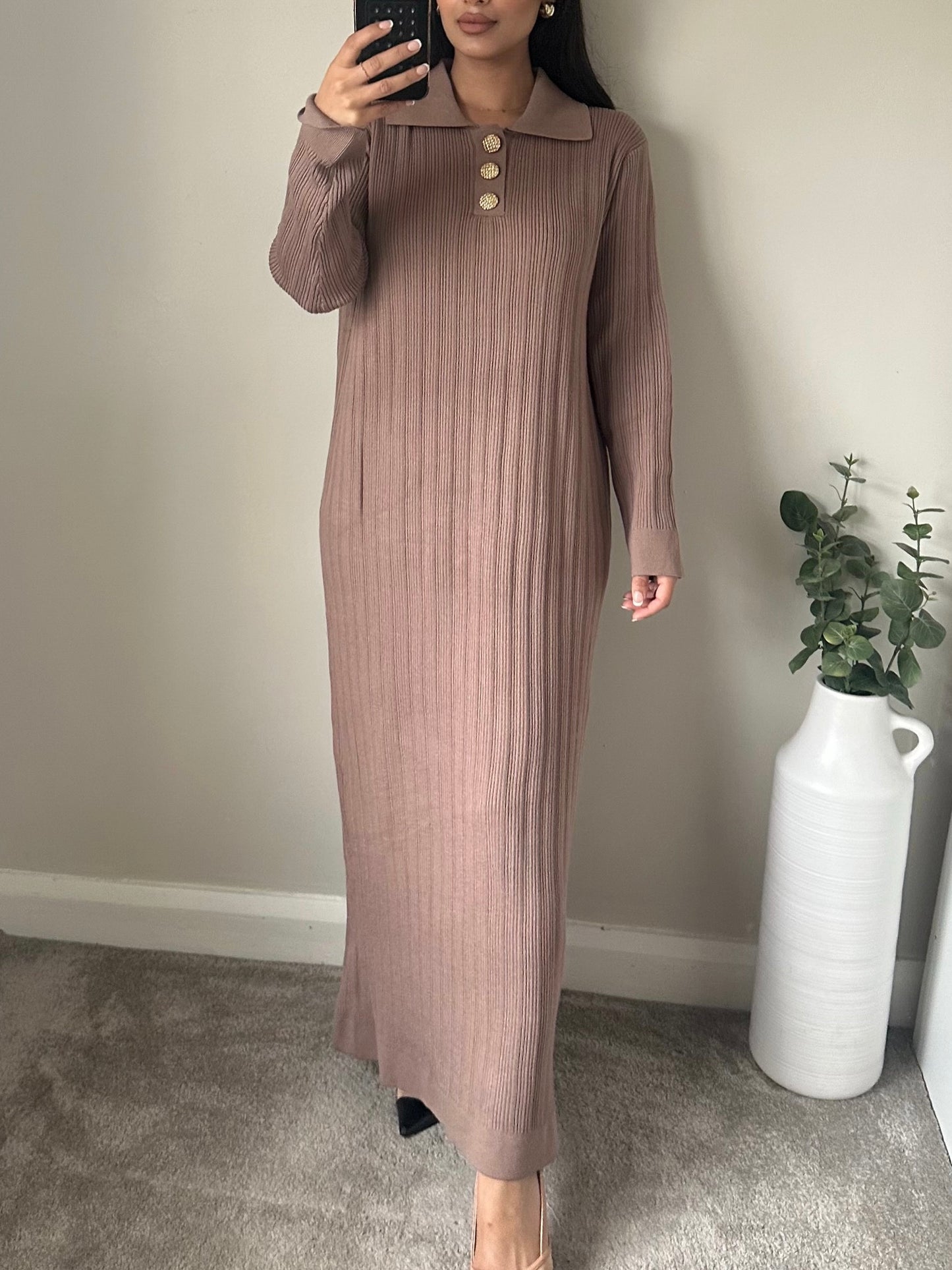 Mocha Gold Button Maxi Jumper Knit Dress