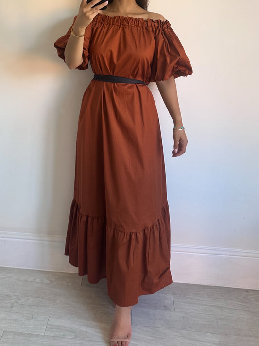 Brown Cotton Off Shoulder Maxi Dress