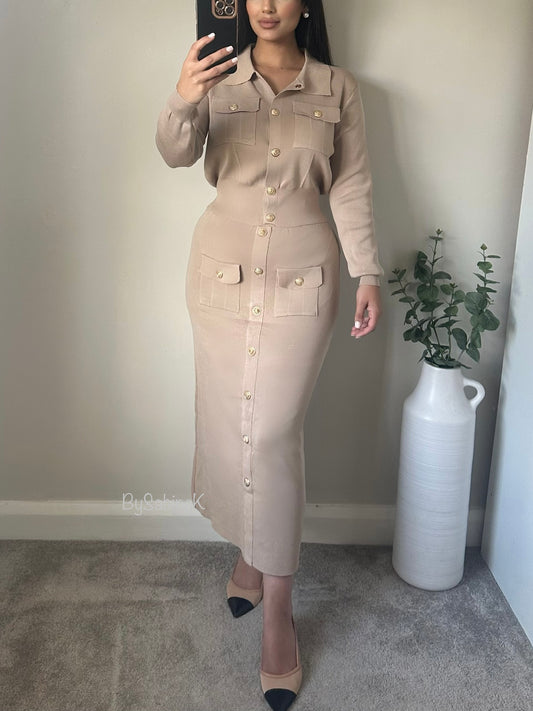 Beige Gold Button Skirt Cardigan Co-ord