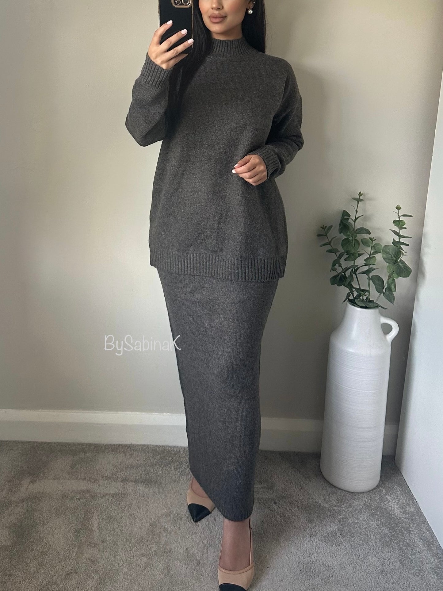 Dark Grey Knit Cosy Skirt Jumper Set Co-ord